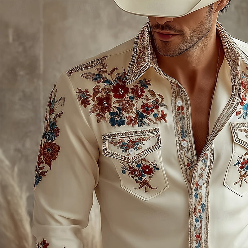 Floral Embroidered Western Button-Up Shirt with Relaxed Fit
