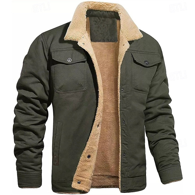 Plush Lined Trucker Jacket with Button Front and Hip Length, Multiple Pockets