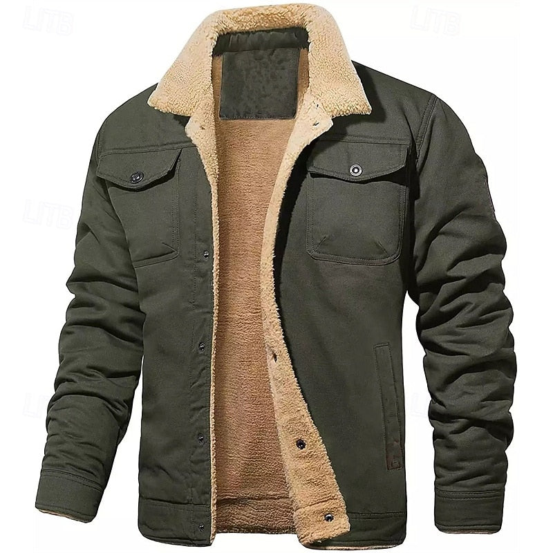 Plush Lined Trucker Jacket with Button Front and Hip Length, Multiple Pockets