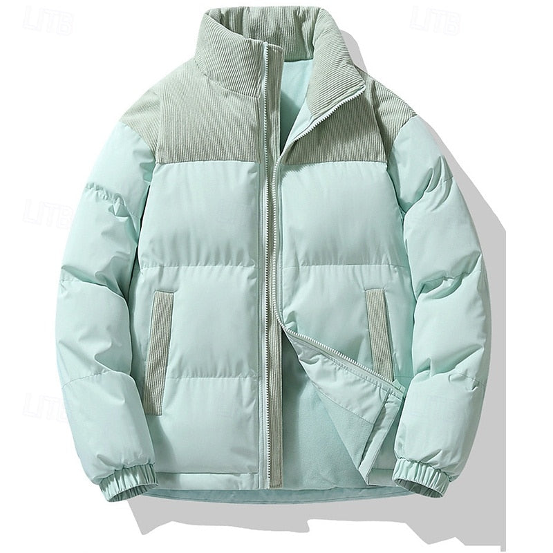 Insulated Puffer Jacket with Stand Collar and Full Zipper, Two Front Pockets