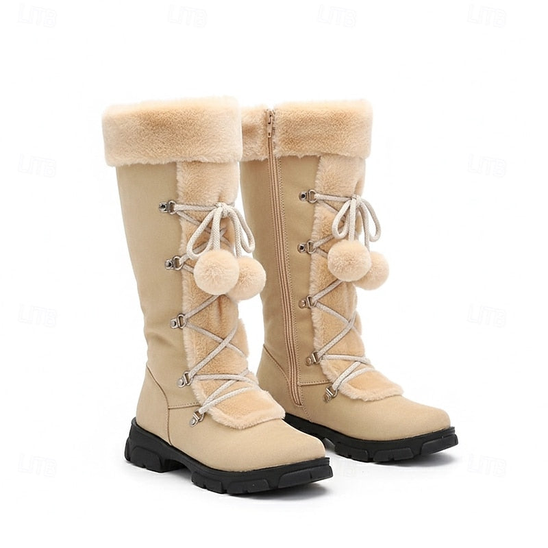 Lace-Up Winter Boots for Women with Fur Trim and Block Heel, Mid Calf