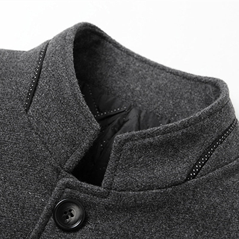 Men's Overcoat with Insulated Lining and Stand Collar, Mid-Thigh Length