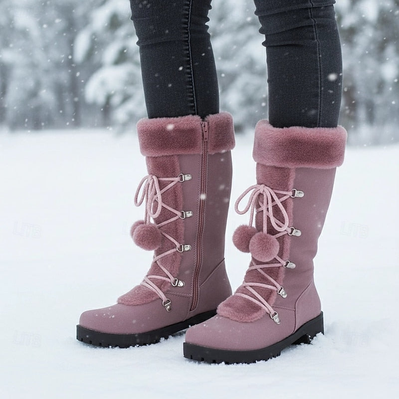Lace-Up Winter Boots for Women with Fur Trim and Block Heel, Mid Calf