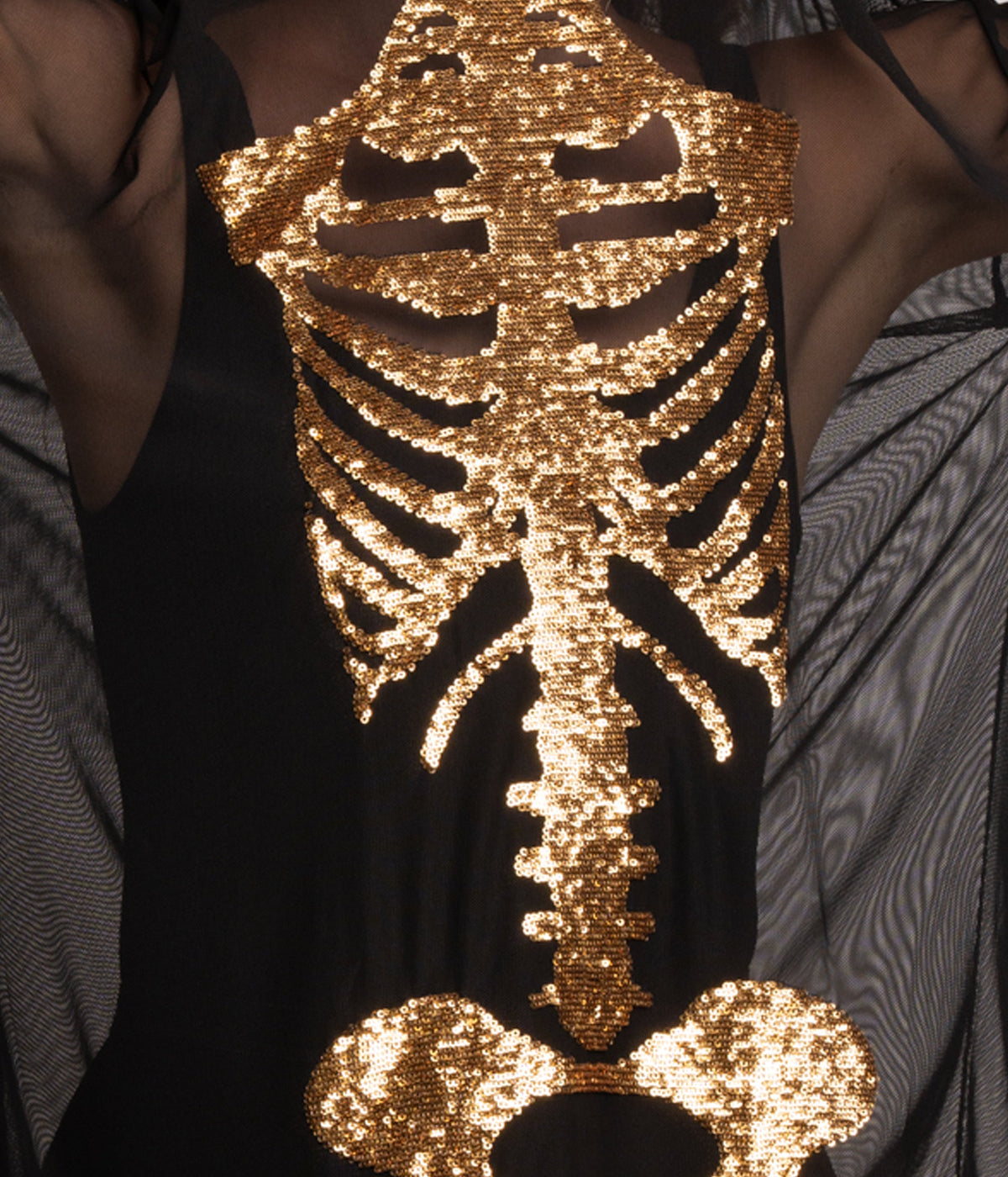 Oversized Mesh Dress with Gold Skeleton Print for Halloween Parties
