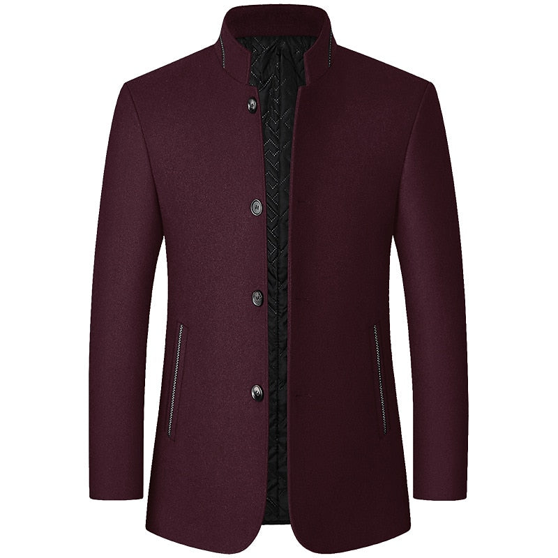 Men's Overcoat with Insulated Lining and Stand Collar, Mid-Thigh Length
