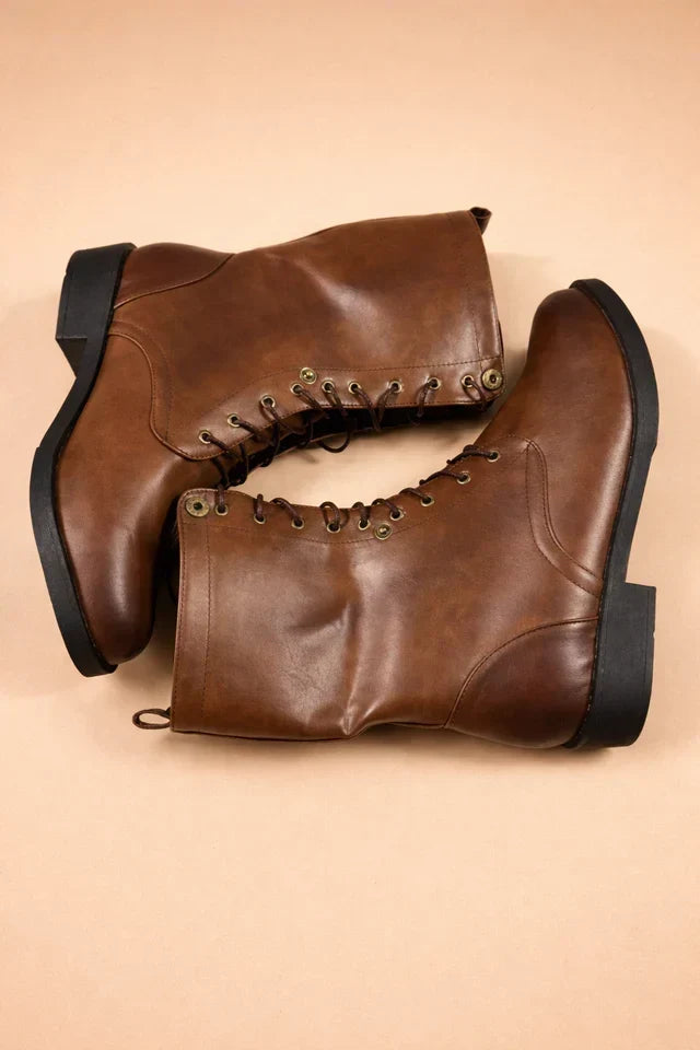 Women's Lace Up Ankle Boots with Adjustable Cuff and Treaded Rubber Sole